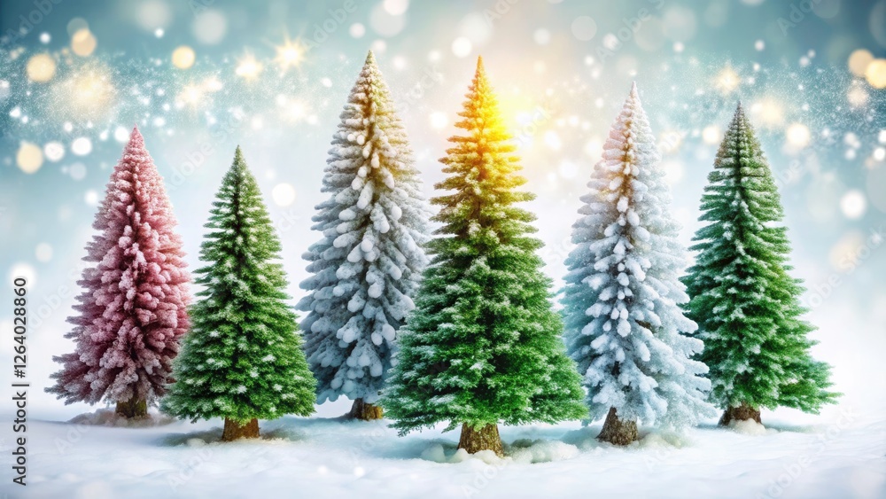 Obraz premium Winter Wonderland Fashion Photography: Snowy Evergreen Trees, Fashion Shoot, White Background, Isolated Trees, Cold Weather Style