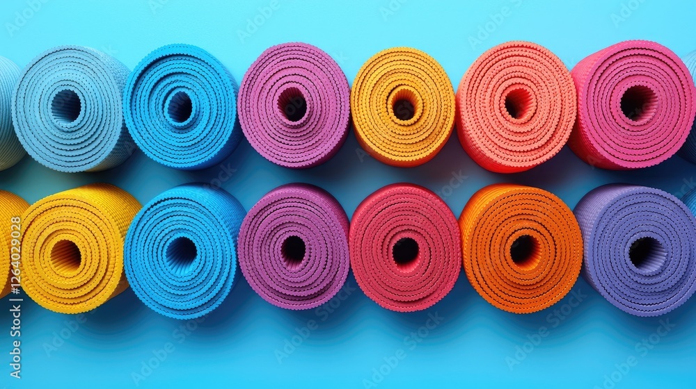 Colorful yoga mats neatly arranged in a row against a vibrant blue background, ideal for wellness promotions Colorful yoga mats neatly arranged in a row against a vibrant blue background, ideal for wellness promotions