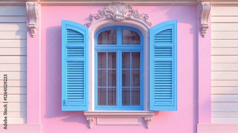 Fototapeta premium Pastel pink building, open blue shutters, arched window, sunlight, design