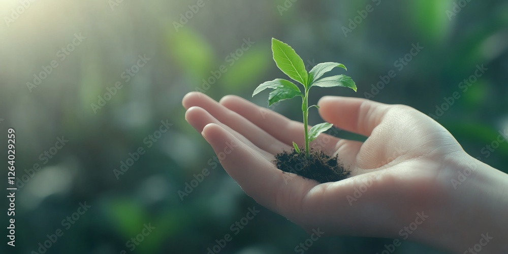 Hand holding sapling, green background, growth Hand holding sapling, green background, growth