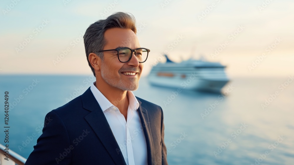 Man in formal attire smiles while standing on a cruise ship deck against a serene ocean backdrop during sunset. Man in formal attire smiles while standing on a cruise ship deck against a serene ocean backdrop during sunset.