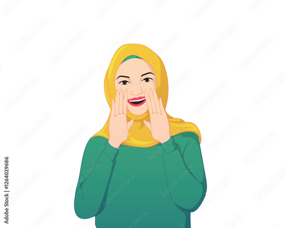 Cheerful woman in hijab calling out, perfect for business promotions, announcements, and marketing campaigns. Cheerful woman in hijab calling out, perfect for business promotions, announcements, and marketing campaigns.