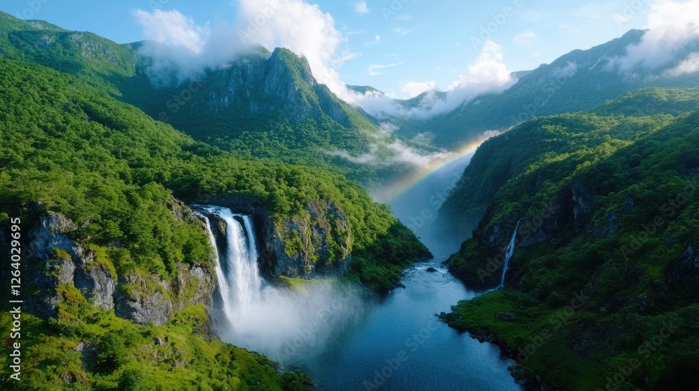 Majestic waterfall cascading down lush green mountains with a scenic tropical landscape and breathtaking vista This stunning natural wonder showcases the power and beauty of nature Majestic waterfall cascading down lush green mountains with a scenic tropical landscape and breathtaking vista This stunning natural wonder showcases the power and beauty of nature