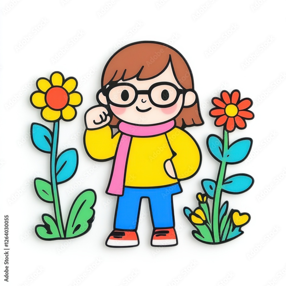 Cheerful cartoon girl with glasses in bright outfit standing among colorful flowers in a playful illustration Cheerful cartoon girl with glasses in bright outfit standing among colorful flowers in a playful illustration