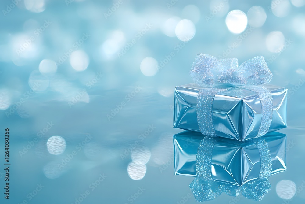 A silver box with a glimmering bow rests on a mirrored surface, surrounded by soft, glowing reflections. The gentle, warm lighting casts shadows, adding depth to the image and highlighting the anticip A silver box with a glimmering bow rests on a mirrored surface, surrounded by soft, glowing reflections. The gentle, warm lighting casts shadows, adding depth to the image and highlighting the anticip