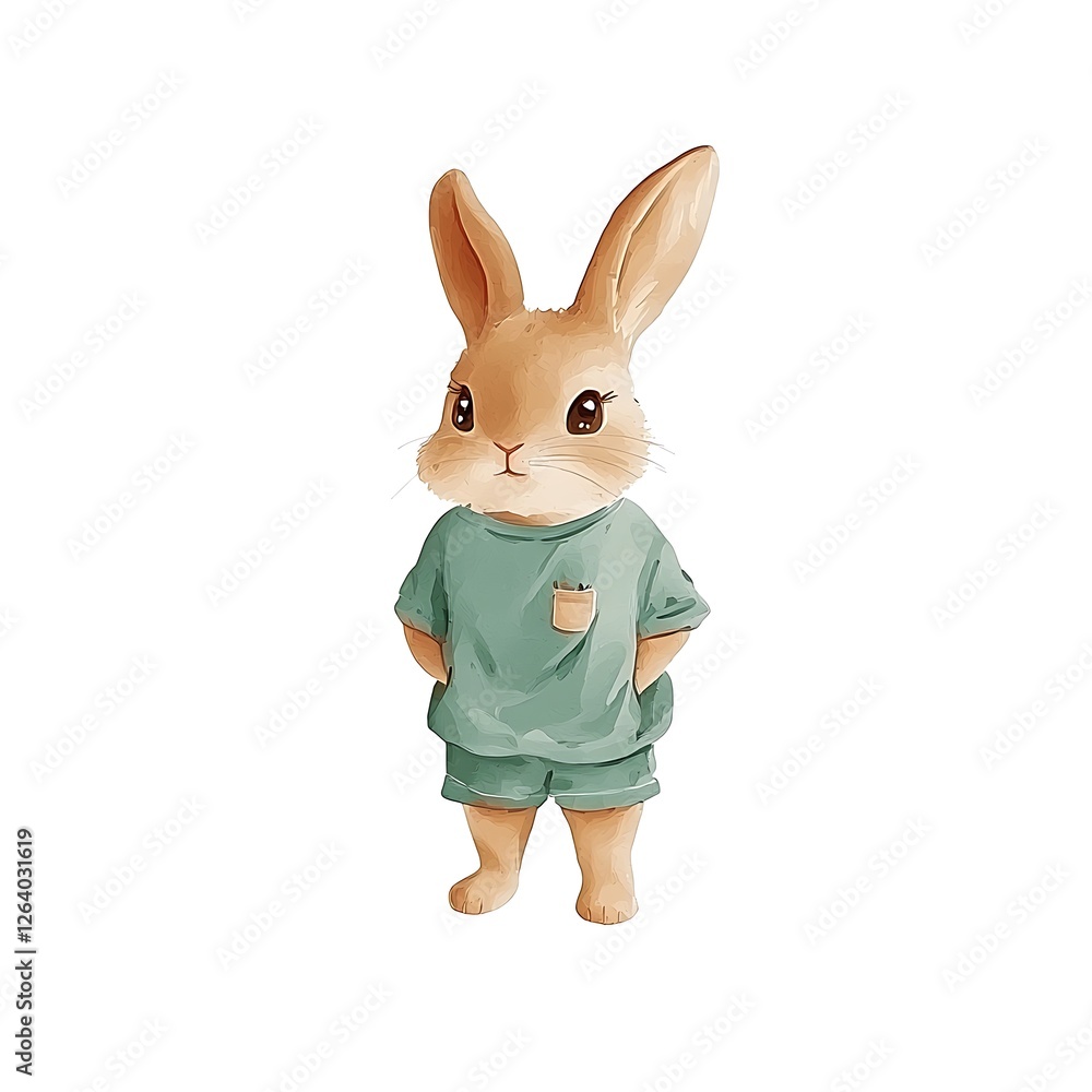 Adorable Cartoon Bunny in Green Outfit. Adorable Cartoon Bunny in Green Outfit.