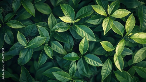 Close up of a green leaf and aerial view of tea plants with latin name camellia sinensis