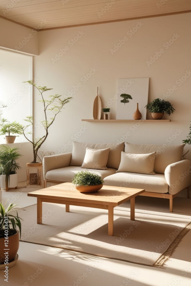 Fototapeta premium Minimalist Living Room Design With Natural Light And Plants