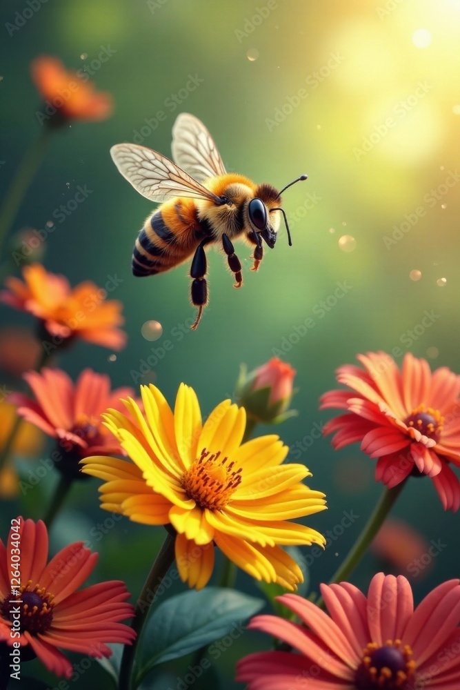 Happy bee soaring above vibrant blooms with buzzing sound effect, movement, colorful petals, sunny day Happy bee soaring above vibrant blooms with buzzing sound effect, movement, colorful petals, sunny day