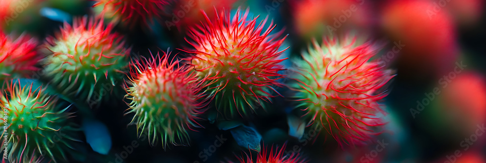 Luscious Cluster of Exotic, Ripe Rambutan Fruits with Vivid Red and Green Hairy Skins in Focus Luscious Cluster of Exotic, Ripe Rambutan Fruits with Vivid Red and Green Hairy Skins in Focus
