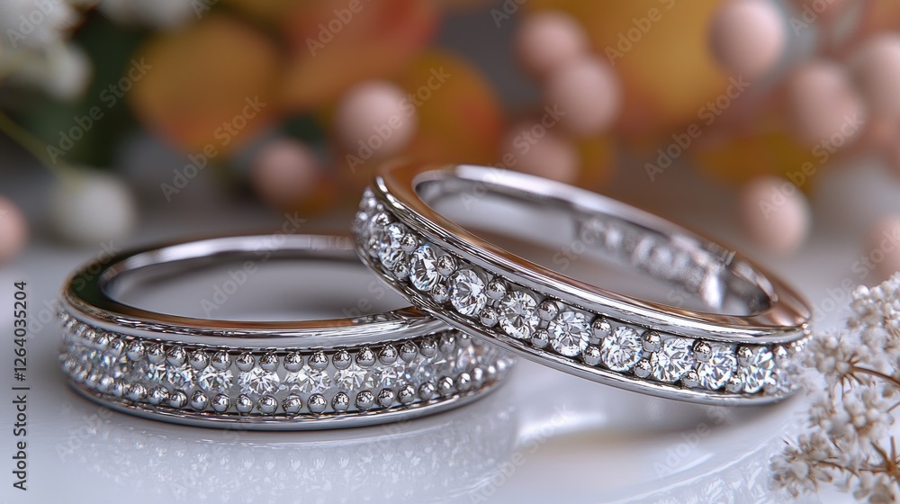 Elegant silver wedding rings adorned with sparkling diamonds, surrounded by soft floral decor Elegant silver wedding rings adorned with sparkling diamonds, surrounded by soft floral decor