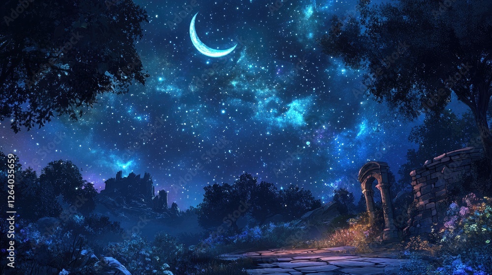custom made wallpaper toronto digitalA quiet, serene night sky with stars twinkling and a delicate crescent moon, offering a moment of calm in the vast celestial darkness.