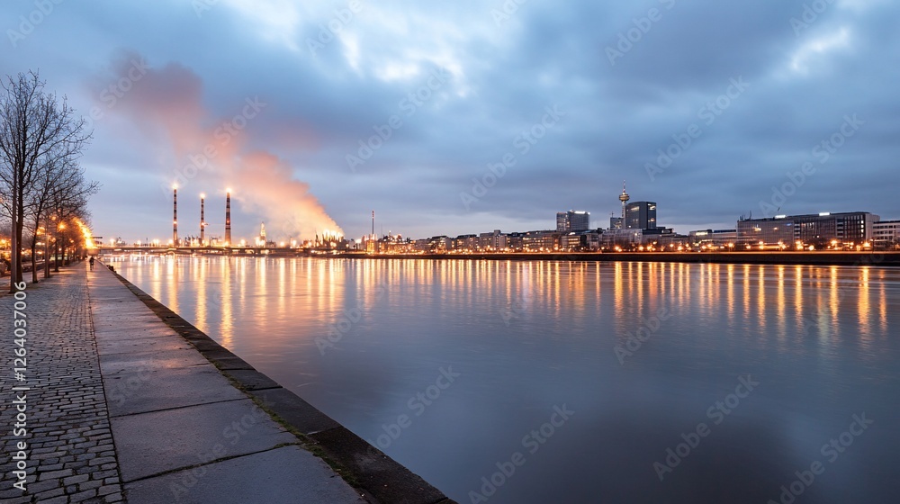 Obraz premium City riverbank twilight, industrial plant, reflections