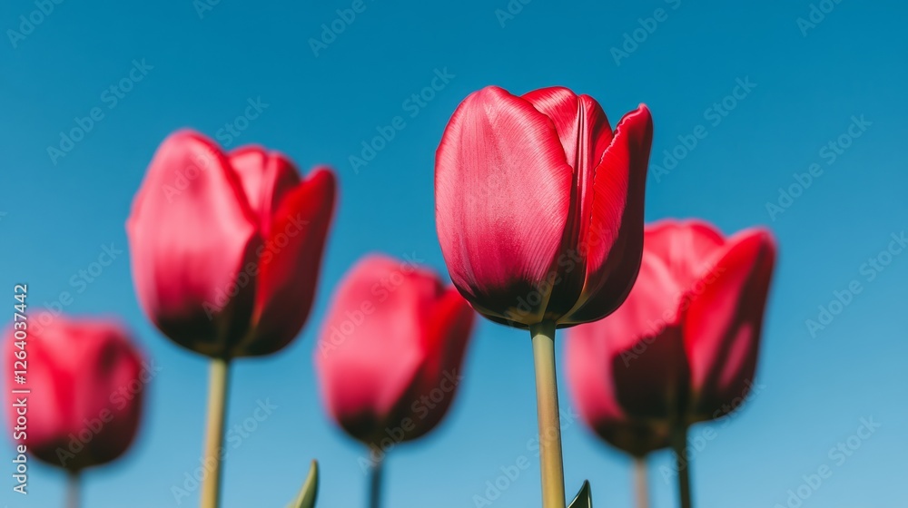 Fototapeta premium Pink tulips with blue copy space.