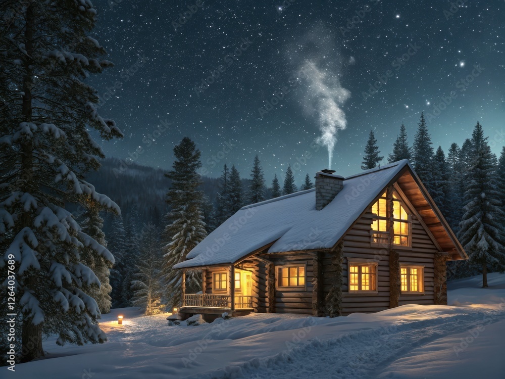 Cozy Log Cabin in Snowy Winter Forest at Night Cozy Log Cabin in Snowy Winter Forest at Night