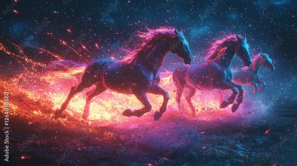 Fototapeta premium Fiery Horses Galloping Across a Starry Night