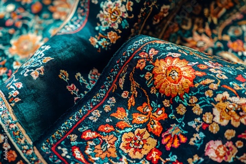 A close-up shot of a Persian silk rug with traditional floral patterns, illuminated by soft light to highlight the richness of the weave. 