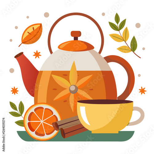 A kettle simmers on the stove, filling the air with the aroma of hot tea mixed with winter spices. A cup and cinnamon sticks accompany the cozy scene
