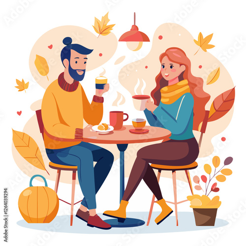 A cheerful couple sits at a small cafe table, sipping warm coffee and sharing pastries. Autumn leaves decorate the surroundings, enhancing the cozy atmosphere. They appear relaxed and happy