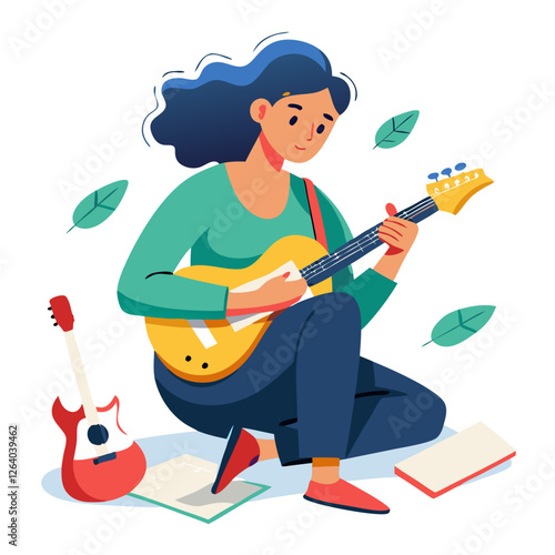 A musician sits on the floor, immersed in composing music with an electric guitar. Surrounded by sheets of paper, they appear focused and creative in a cozy environment