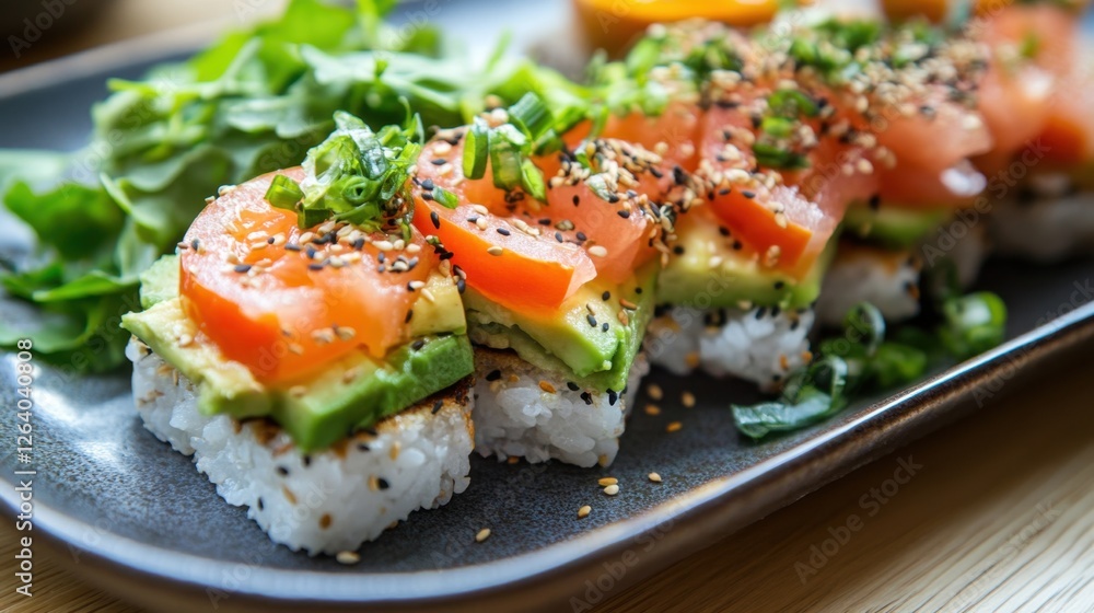 A plate of fresh avocado toast, topped with sliced tomatoes, greens, and served on whole grain bread, creating a colorful and nutritious dish. A plate of fresh avocado toast, topped with sliced tomatoes, greens, and served on whole grain bread, creating a colorful and nutritious dish.