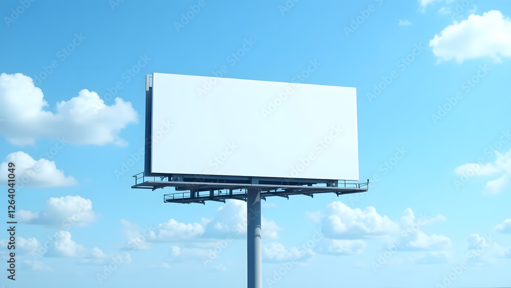 Fototapeta premium Blank billboard stands tall against a bright blue sky dotted with fluffy white clouds, perfect for advertising.