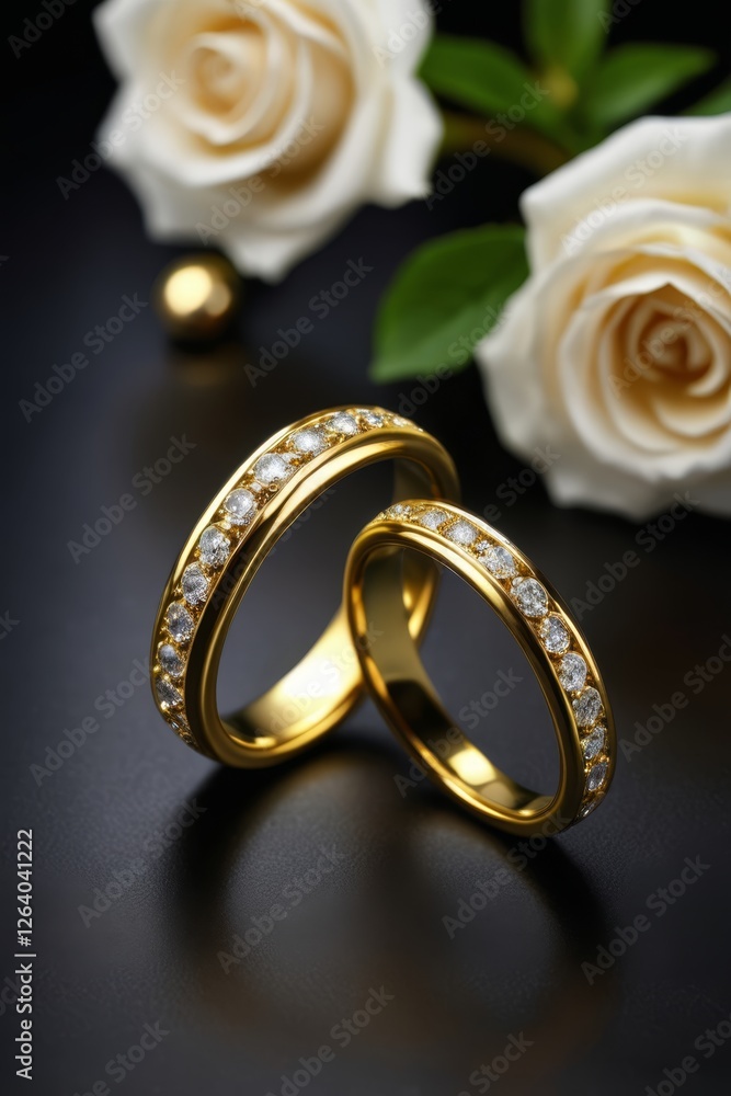 two gold wedding rings with diamonds and a rose on a black surface two gold wedding rings with diamonds and a rose on a black surface