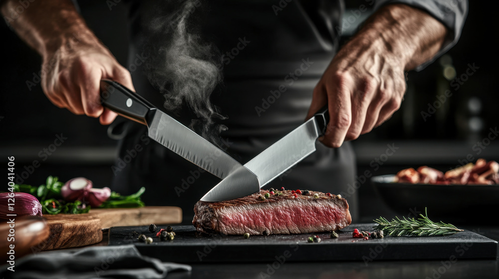 Chef slicing a perfectly cooked steak with steam rising Chef slicing a perfectly cooked steak with steam rising
