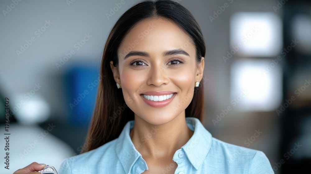 Fototapeta premium Enthusiastic and Charismatic Asian Businesswoman Presenting a Car Key with Confidence Expertise and a Warm Customer Centric Approach During a Business or Sales Meeting