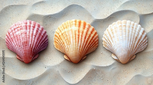 Three colorful seashells arranged on sandy beach with gentle waves in background, evoking tranquility