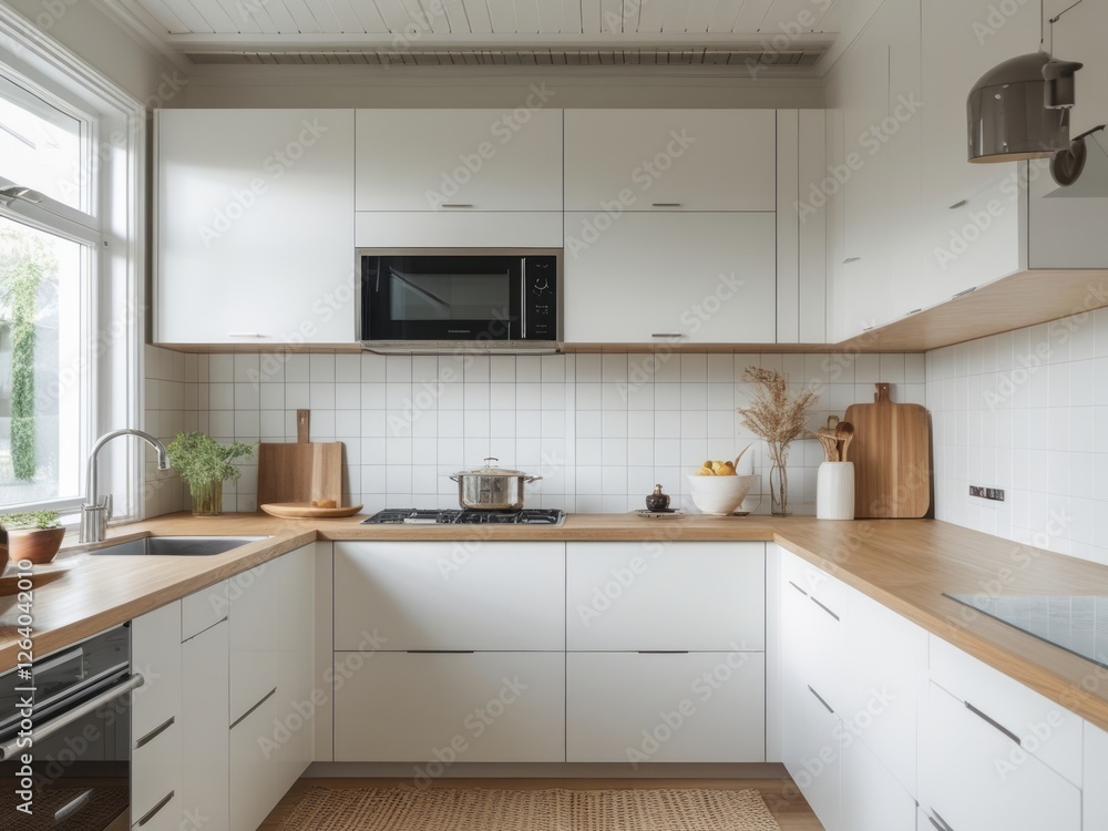 Fototapeta premium Modern White Kitchen With Light Wood Countertops