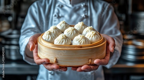 Chef presenting a bamboo steamer filled with dumplings in a bustling kitchen environment