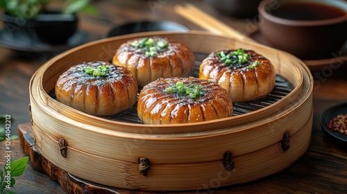Deliciously steamed dumplings served in a bamboo basket, garnished with green onions, in a cozy setting
