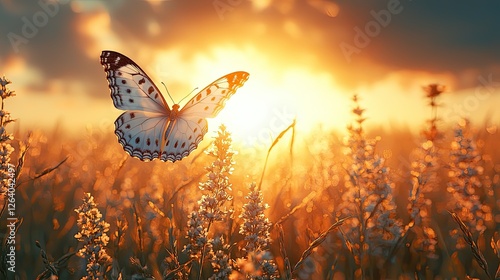 A butterfly gracefully flutters above blooming flowers during a vibrant sunset in a serene field