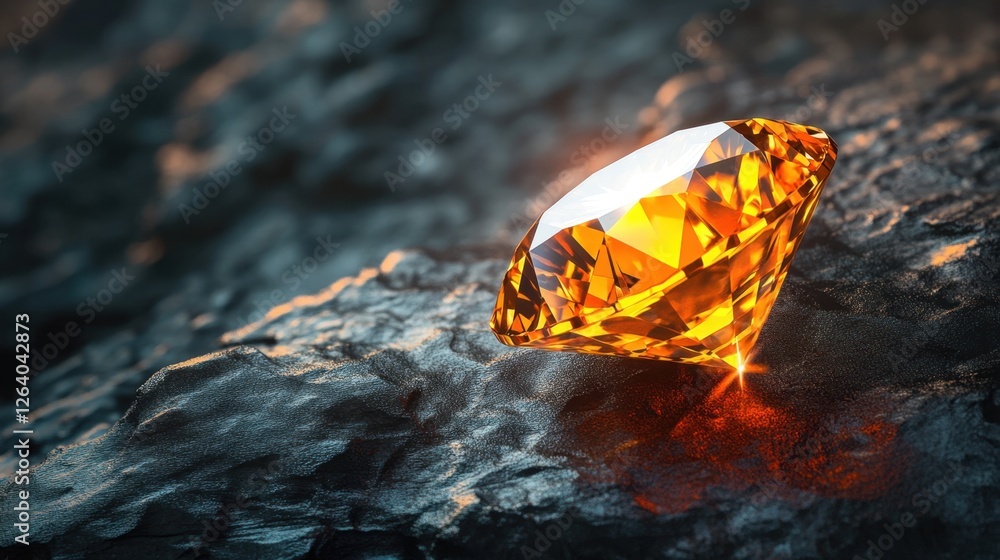 A radiant orange diamond resting on a textured black background, its light reflecting and illuminating the surrounding space. A radiant orange diamond resting on a textured black background, its light reflecting and illuminating the surrounding space.
