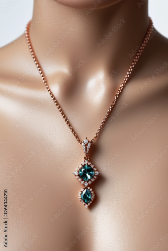 a close up of a woman ' s torso with a necklace and a necklace with a blue stone a close up of a woman ' s torso with a necklace and a necklace with a blue stone
