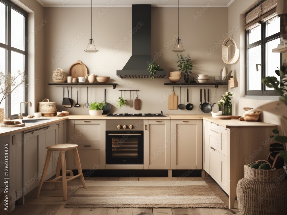Modern Beige Kitchen With Wooden Accents And Natural Decor Modern Beige Kitchen With Wooden Accents And Natural Decor