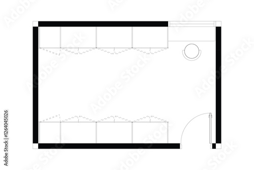 A minimalist 2d vector graphic of a walk-in closet design, highligthing clean lines and efficient use of space. Perfect for architectural plans and interior design concepts. Set 3