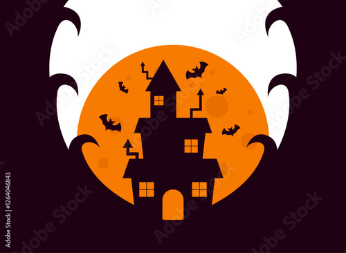 Halloween background design with haunted house on full moon with bats flying in the night sky. Abstract background.