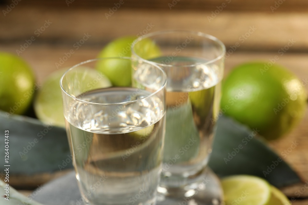 Tequila shots with limes on table, closeup Tequila shots with limes on table, closeup