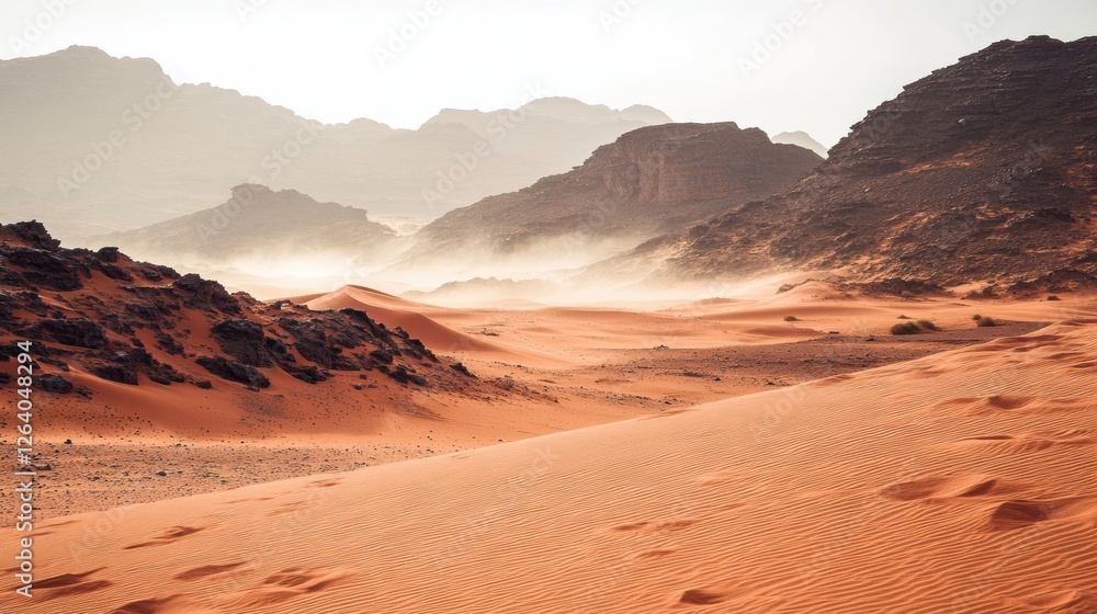 Fototapeta premium Vast desert landscape with rolling sand dunes and rocky mountains during a misty sunrise in a serene environment. Generative AI
