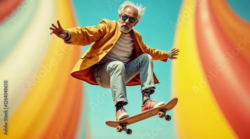 Happy gray-haired grandfather in fashionable bright clothes and multi-colored sunglasses performs jumping tricks on skateboard on bright multi-colored background