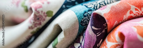 Close up of colorful patterned fabrics featuring floral and geometric designs with space for text and creative inspiration. Generative AI