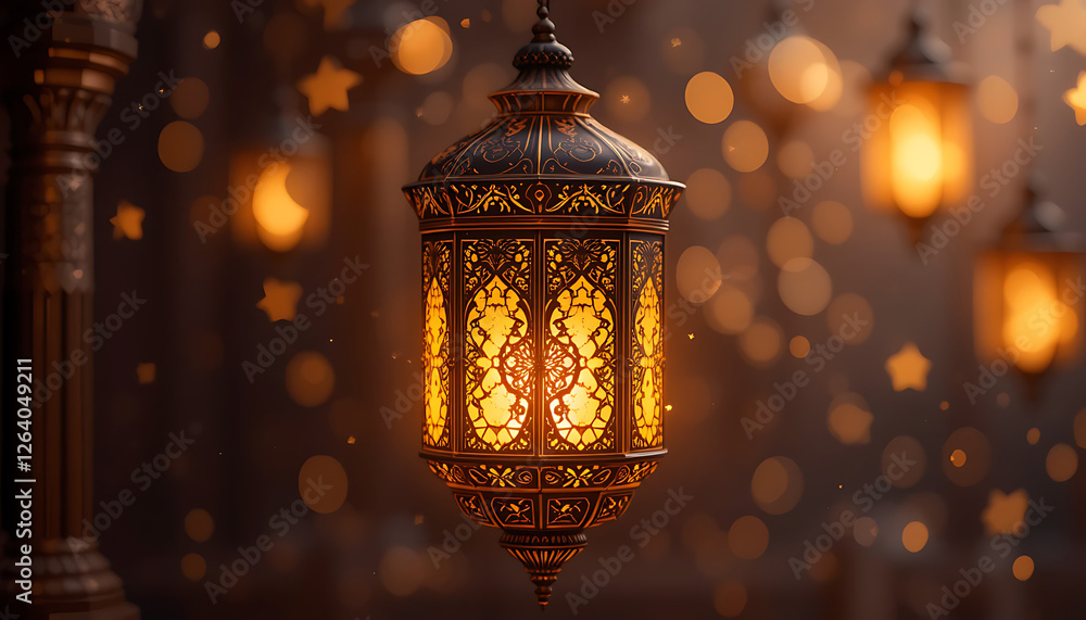 Fototapeta premium Traditional Ramadan Lantern with Crescent Moon and Warm Festive Lighting for Islamic Holy Month Celebration