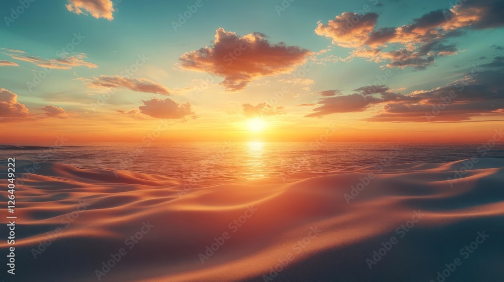 Fototapeta premium Sunset over a sandy beach with vast desert landscape