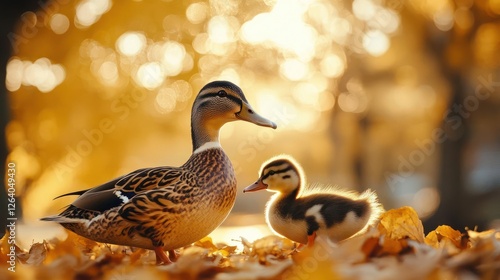 A mother duck and her duckling in autumn leaves. photo