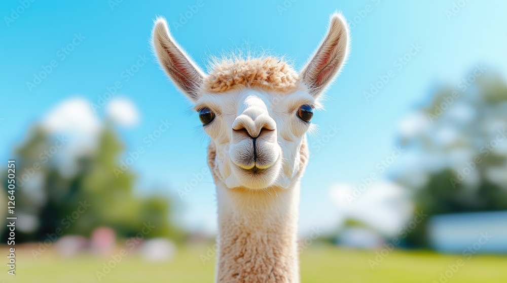 Obraz premium Funny Alpaca Facing Forward in a Field