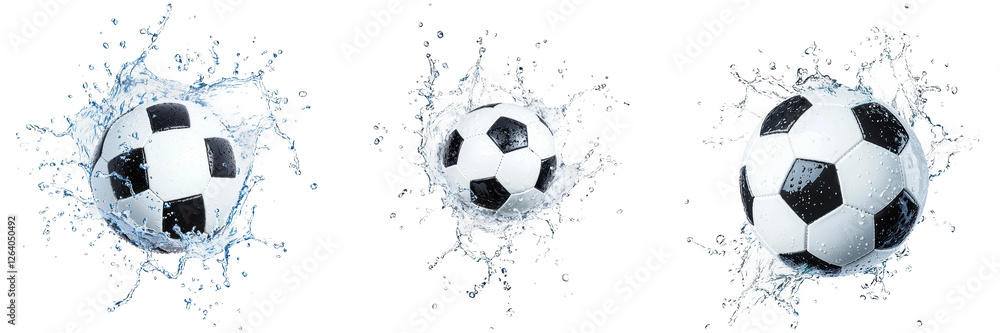 Naklejka premium Splashing Soccer Balls in Water on Black Background