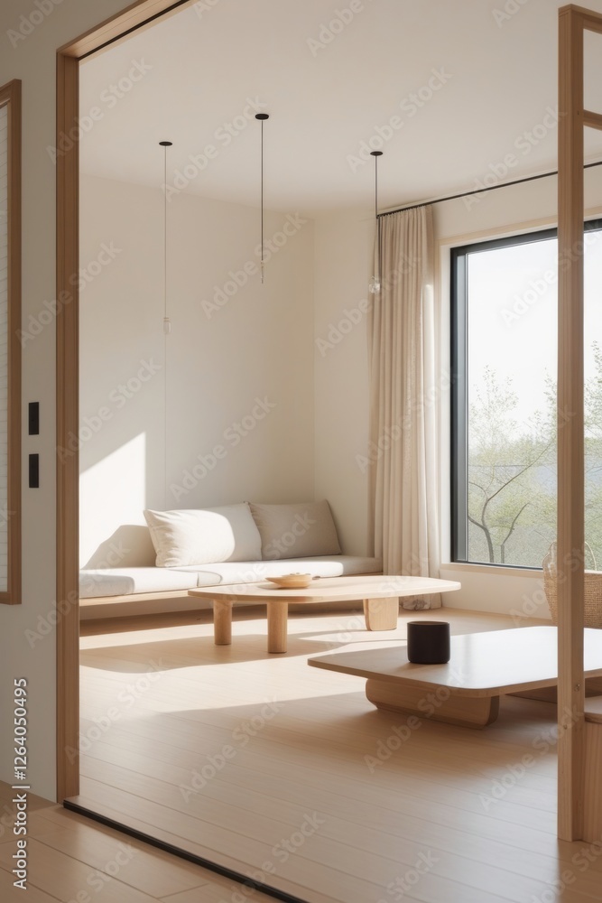 Fototapeta premium Minimalist Living Room With Light Wood Furnishings And Natural Light