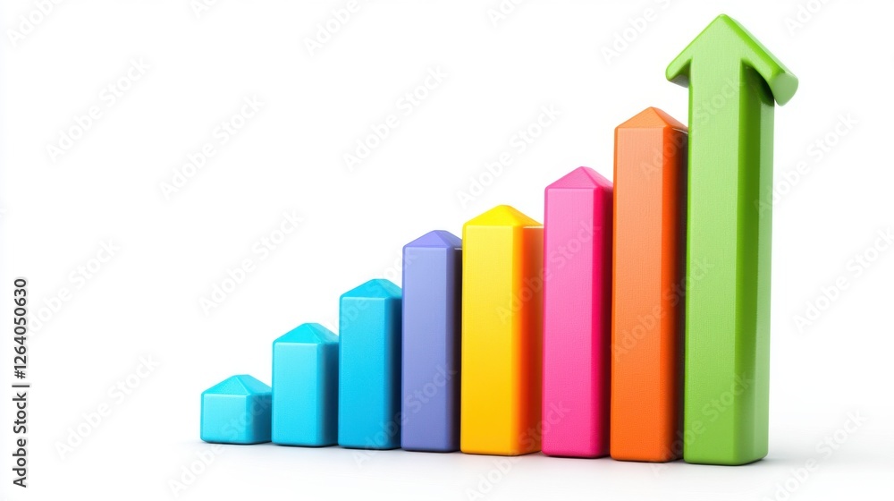 Colorful 3D Bar Graph Showing Positive Growth Trend in Business and Finance with Vibrant Colors and Directional Arrows Colorful 3D Bar Graph Showing Positive Growth Trend in Business and Finance with Vibrant Colors and Directional Arrows